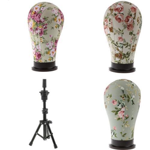 3pcs Cork Canvas Block Mannequin Model Head Wigs Making Display with Tripod Stand Set