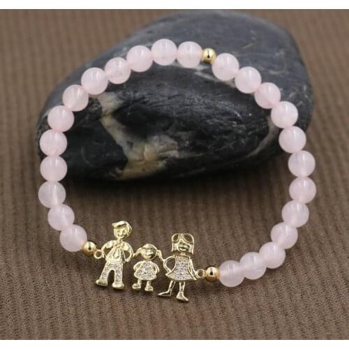 Micro CZ Boy Girl Dad Mum Family Bracelet For Men Women Lucky Pink Stone Beads Bracelet For Lovers Pulseira Jewelry Love Gift