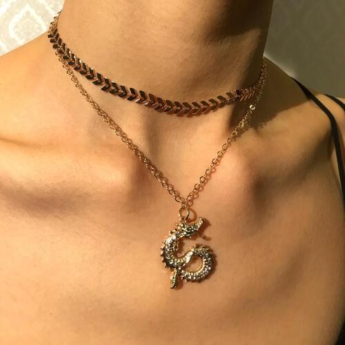 JUST FEEL New Fashion Dragon Pendant Necklaces for Women Gold Color Chain Choker Necklace Mascot Ornaments Jewelry Accessories
