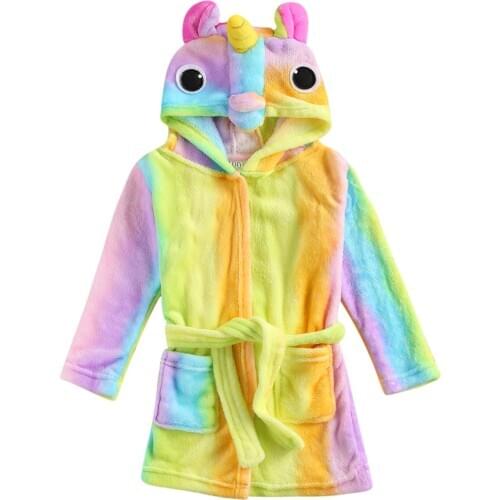 Kid Girl Boy Robes Winter Warm Colorful Flannel Bathrobe Animal Shaped Hooded Bathrobe With Side Pockets And Waistband 4-8Years