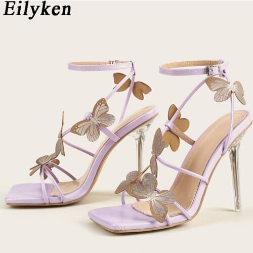 Eilyken Women Elegant Sweet Dress Sandals Fashion Butterfly Ankle Buckle Strap Shoes Square Toe Crystal High Heels Party Pumps