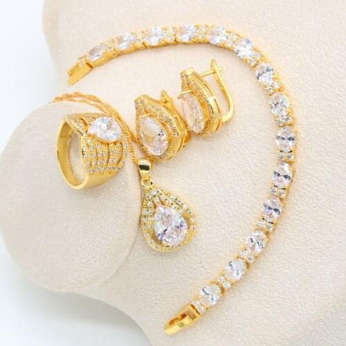 Water Drop Gold Color Jewelry Set for Women White Zircon Bracelet Earrings Hoop Necklace Pendant Ring Birthday Gift