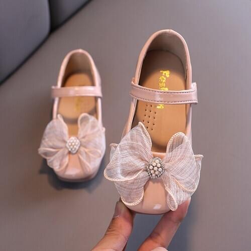 Girls Leather Shoes Casual Sneakers Spring/autumn Kids Baby Princess Shoes with Bow Children Pearl Performance Shoes