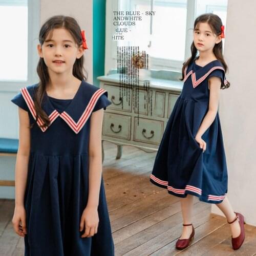 Summer Dresses for Girls Preppy Style Kids Clothes Peter Pan Collar Navy Teen Princess Dress School Children Dresses 12 13 Years