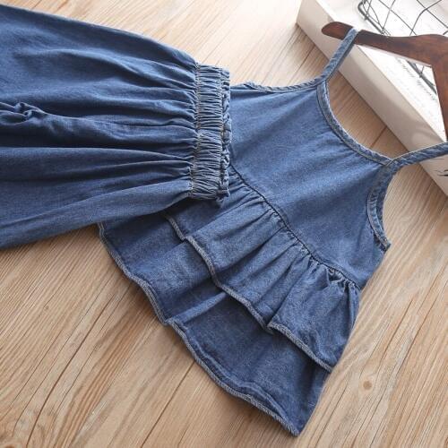 Summer girls Clothing set Denim Shirt + Denim Pants 2 pieces Baby Children Outfits Kids Birthday Sleeveless Top Clothes Costume