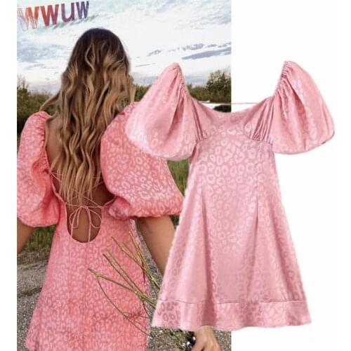 Retro Satin Mini Dress Women Jacquard Leopard Pink Sexy Elastic Short Puff Sleeve Cross Lacing Up Back Backless Party Dresses