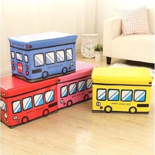 Cartoon Storage Chair School Bus Pattern Multi-function Folding Storage Box Stool Cloth Square Sundries Organizer Box