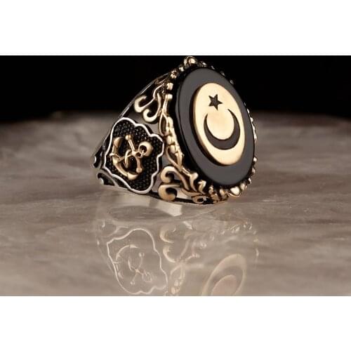 Anchor and the Moon the stars Motif Onyx Gemstone 925 Sterling Mens Silver Ring