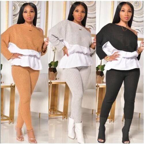 Autumn New Knited Two Piece Sets Women Full Sleeve Tops And Skinny Pants Matching Sets Fashion Patchwork Tracksuit Women Sets