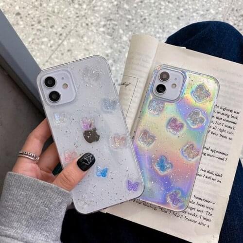 Lovely Butterfly Clear TPU Soft Transparent Glitter Laser Card Phone Case Cover For iPhone 7 8 Plus 11 12 Pro Max X XR XS Max