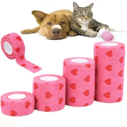 Non-woven Fabric Breathable Tearing Pet Bandage with Pink Heart Decor Pattern Self-adhesive Elastic Bandage Pet Dog Supplies