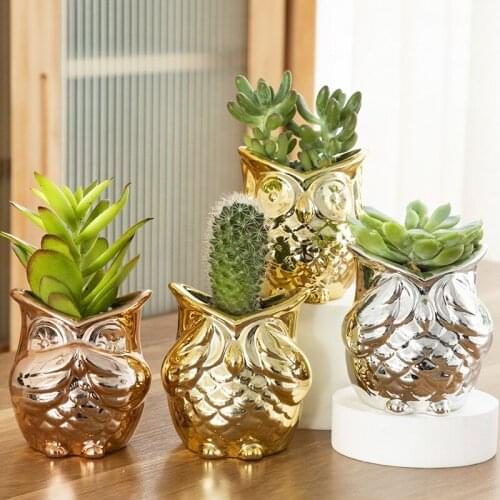 Gold-plated Ceramic Succulent Flower Pot Simple Cartoon Animal Owl Design Flowerpot Bonsai Pots Garden Planter Office Decor