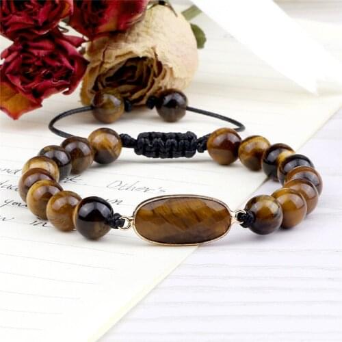 Adjustable 8mm Stone Beads Bracelet For Women Men Natural Tiger Eye Geometric Charm Woven Bracelets&Bangles Friend Gift Jewelry