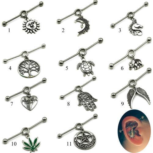 1pc Surgical Steel Sun,Leaf,Moon,Heart,Wing Tribal Wiccan Pagan Tragus Cartilage Helix Industrial Barbell Piercing Earring