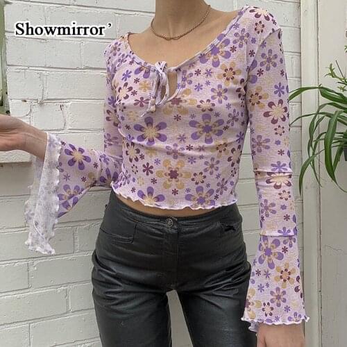 Showmirror Flower Floral Print Flare Sleeve Cropped Tshirt Autumn Transparent Mesh Sexy Tee Shirt Women Vintage Casual