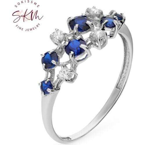 SKM 14k white gold vintage flower Sapphire rings for women Engagement wedding rings designer gift for wife Luxury Fine Jewelry