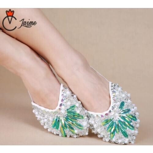 Dancewear Women Ballet Flats Belly Dance Practice Shoes Sequins Shoe Pads Green diamond half-cut shoes, practice shoes, practice