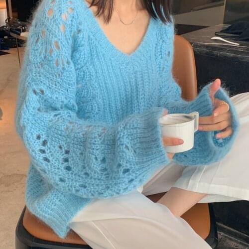 Spring New Mohair Wool Sweater Loose Lazy Blue V-neck Hollow Korean Knit Top
