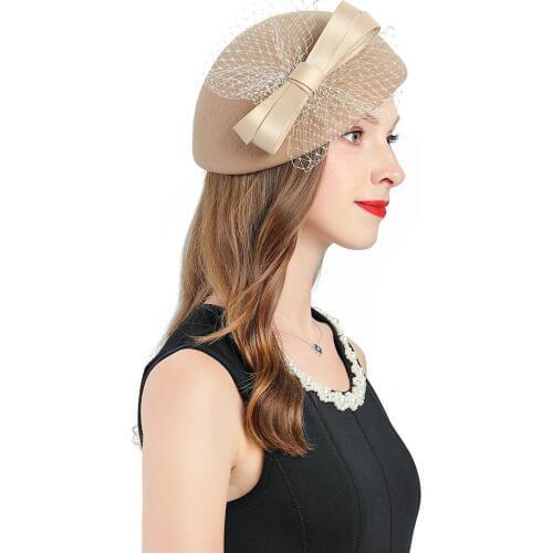 Womens Berets Hats Khaki Fascinator Wool Caps Female Bow-knot Decorate Church Wedding Woman Hat Cocktail Tea Party Beret Cap