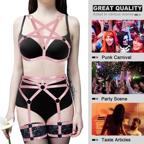 Pink Harajuku Pentagram Body Harness Fashion Cage Bra Women Waist Bondage Bralette Strappy Tops Pastel Goth Lingerie Dance Rave