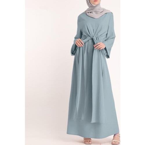 Womens Kaftan Dubai Abaya Turkey Dress Womens Long Sleeve Belt Pure Color Dress Vestidos Womens Sundress 2021 Robe Femme