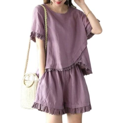 Plus Size Suit Female 2021 Summer Womens Solid color Suit Cotton Linen T-shirt Short Sleeve Top Wide Leg Shorts Two-Piece Suit