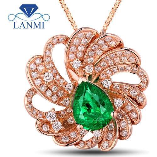 Flower Shape Jewelry Design Solid 18kt Rose Gold Columbia Emerald Pretty Diamond Pendant Necklace for Women Wedding Party