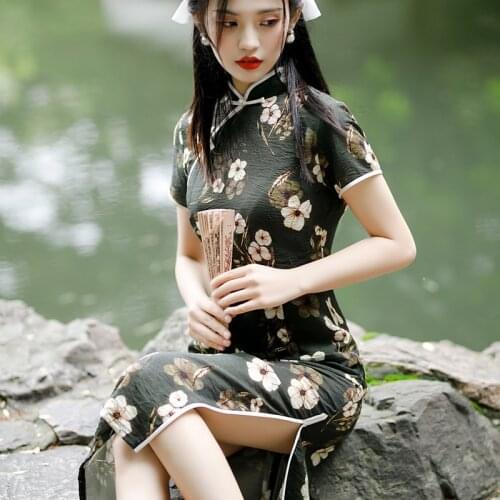 Chinese Style Summer Sexy Qipao Dress for Women Short Sleeve Slit Flower Print Thin Slim High Quality Cheongsam Dersses 2021 New