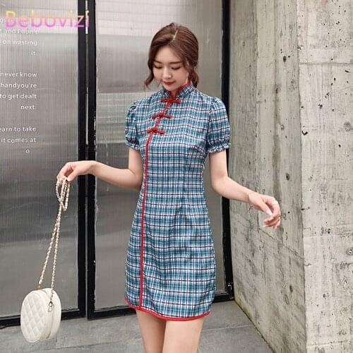 2021 New Blue Grid Slim Sexy Party Casual Qipao Traditional Chinese Clothes Vintage Modern Improved Cheongsam Dress for Women