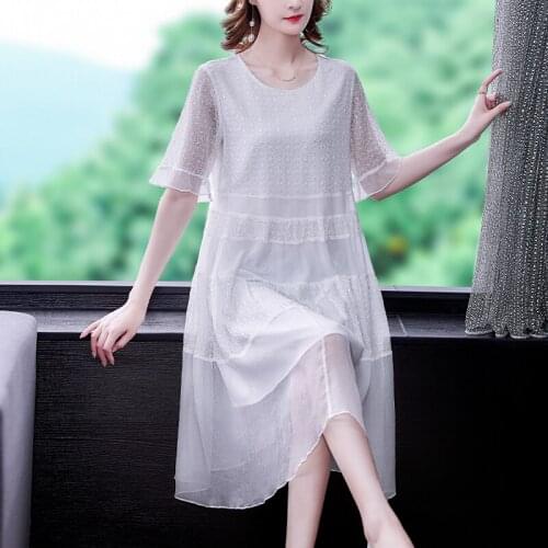 2021 New White Floral Mulberry Silk Midi Dress Summer Casual Vintage Loose Solid Beach Dress Women Elegant Party Runway Vestidos