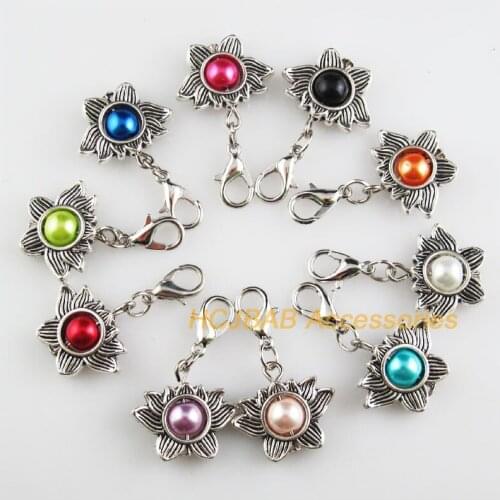 10 New Lotus 17x19mm Charms Mixed Ball Glass Tibetan Silver Plated Retro With Lobster Claw Clasps
