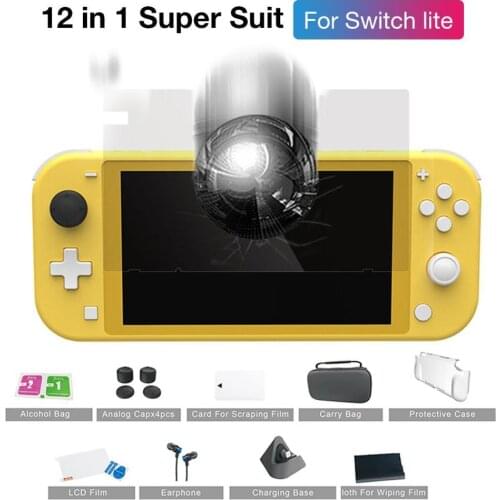 12 Super Kit for Nintend NS Switch Console Lite Earphone+Storage Bag+Tempered Film+Protective Case+Silicone Cap+Charging Stand