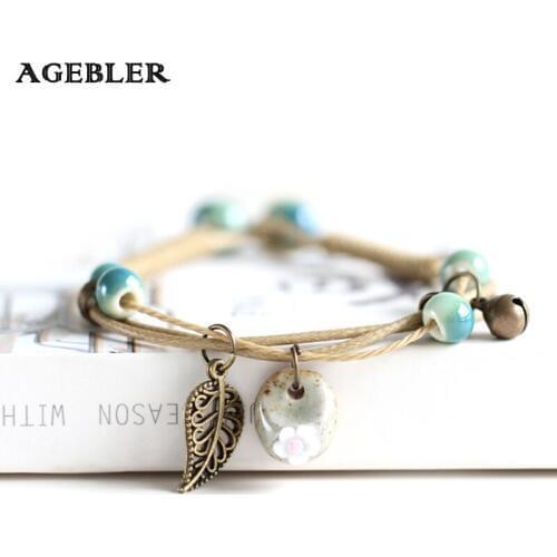 2018 Hot Ceramic Cute Flower Leaf Pattern Bracelets Handmade Vintage Boho Style Trendy jewellery with Bell gifts for Girl