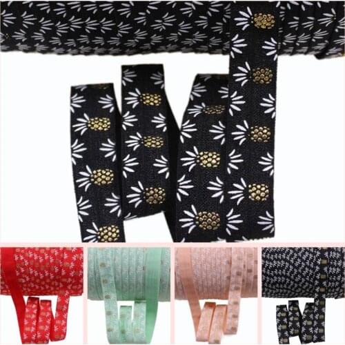 4 Colors 5/8" gold foil pineapple fold over elastic fruit printed foe ribbon