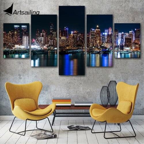 ArtSailing 5 Piece canvas painting night view Cityscape Pictures art wall Home Decoration For Living Room HD Prints Poster