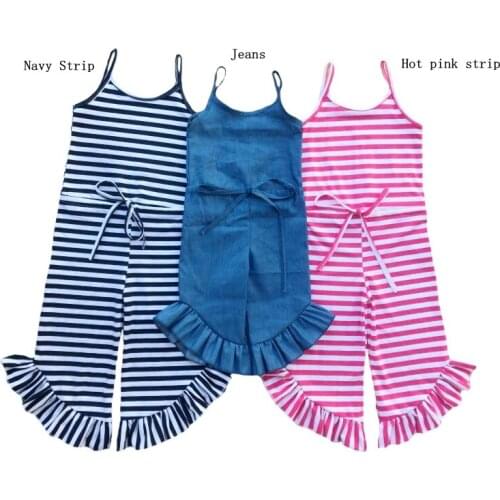 Denim Ruffle Girls Polka Dot Chiffon Stripe Cotton Jumpsuit Romper one-Piece Outfit