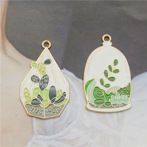 Julie Wang 4PCS Enamel Potted Plant Charms Zinc Alloy Cactus Grass Pendant Bracelet Jewelry Making Accessory