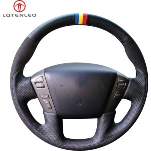 LQTENLEO Black Genuine Leather Suede Car Steering Wheel Cover For Nissan Patrol Armada NV Cargo NV Passenger Infiniti QX56 QX80