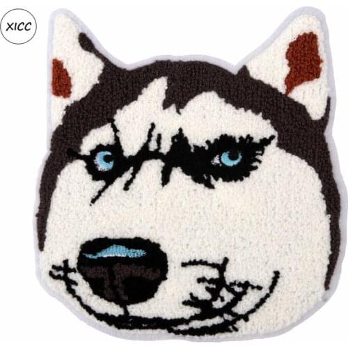 Cartoon Husky Dogs Chenille Patches Towel Embroidery Jacquard Badge Big Size Funny Sticker For Bag Clothing Pents Decoration