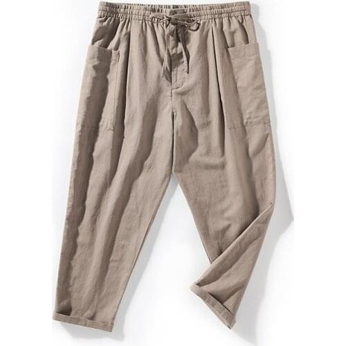 Mens Dark Beige Linen Cotton Pants Drawstring Waist Zipper Bottons Simple Loose For Men Daily Comfortable Casual Pants 2021