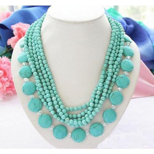 Unique Pearl Jewelry New Arrival Turquoise Necklace 6Row 18-21'' Blue Round Coin Turquoise Bead Crystal Necklace Fashion Jewelry