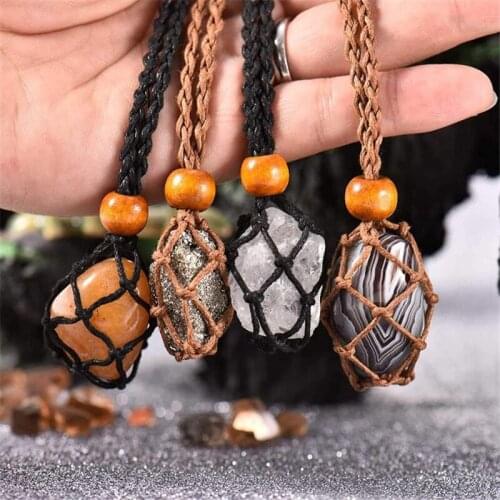 Quartz Crystal Stone Necklace with Knit Cord Indians Amulets Pendant Jewelry Gift for Women Men FS99