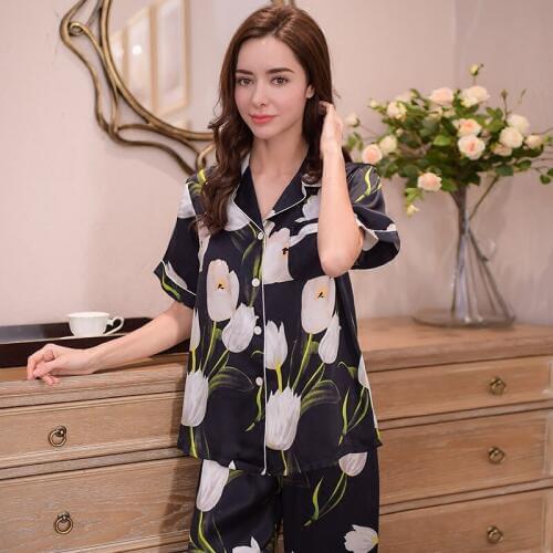 Genuine Silk Womens Pajamas 100% Silk Sleepwear High Quality Printed Black Short-Sleeved Pyjama Pants Two-Piece Sets T8154