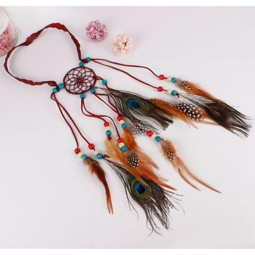 Hippie Bohemian Women Dreamcatcher Headband Indian Colored Beaded Artificial Peacock Feather Adjustable Cosplay Party Headpiece