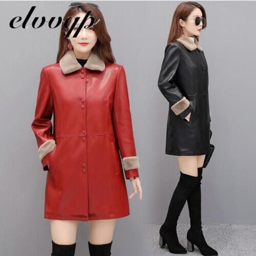 Plus Size Fashion Women Long Leather Jacket Coats Elegant Winter Plus Velvet Thick Warm Faux Leather Jackets Trench Coat Female