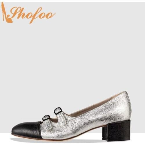 Black Silver Patchwork Women Mary Janes Pumps High Chunky Heels Round Cap Toe Plus Size 14 16 Ladies Summer Fashion Shoes Shofoo