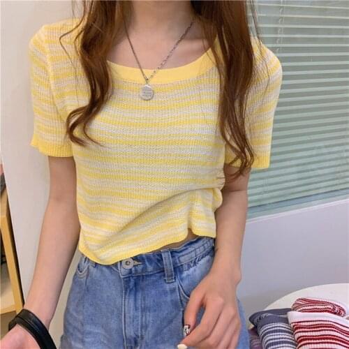 Striped T-shirt Womens Summer New Korean Style Loose and Versatile Thin Knit Short-sleeved Top