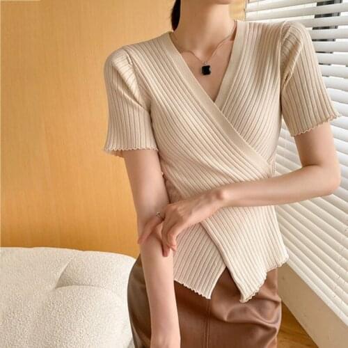 Sexy V-neck Knit Blouse Women 2021 Summer Knitwear Cotton Solid Irregular Pullover Bodycon Korean Women Clothes Tops Slim 15036