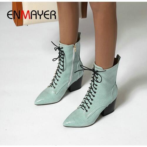 ENMAYER Pointed Toe Solid Winter Boots Women Super High Square Heel Zip Short Plush Cross-tied Winter Shoes PU Autumn Snow Boots