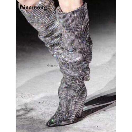 Women Luxury Bling Bling Pointed Toe Rhinestone Knee High Spike Heel Boots Crystal Gold Silver Long Diamond Folded Club Boots